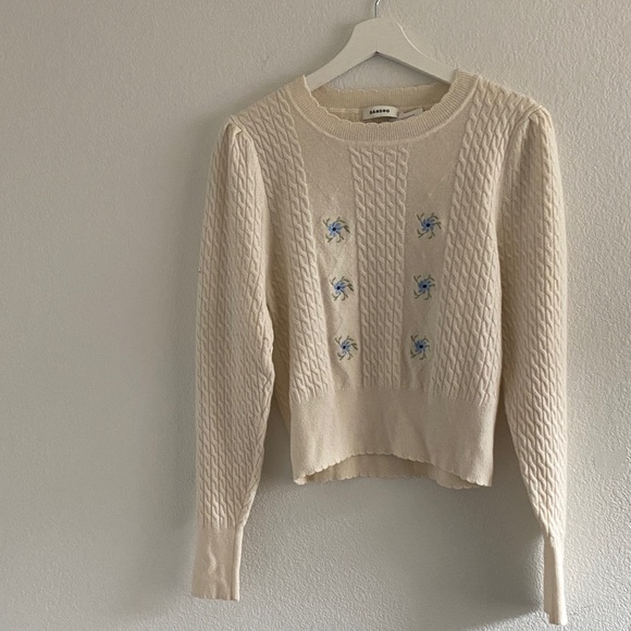 Sandro Sweaters - Sandro Cream Cable Knit Sweater with Blue Floral Accents